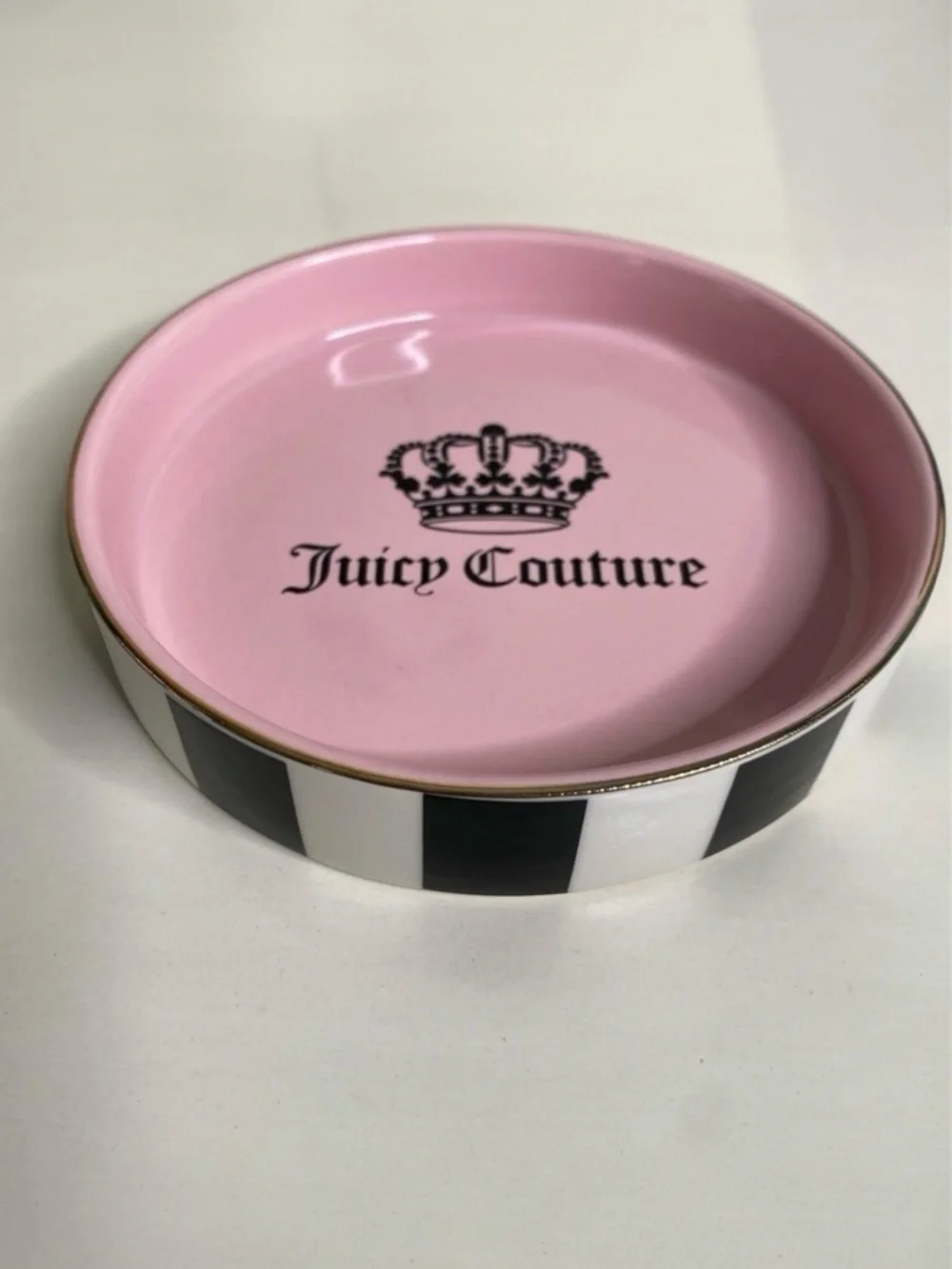 Juicy Couture Pink Jewelry Trinket Dish Tray with Black and White Stripes New